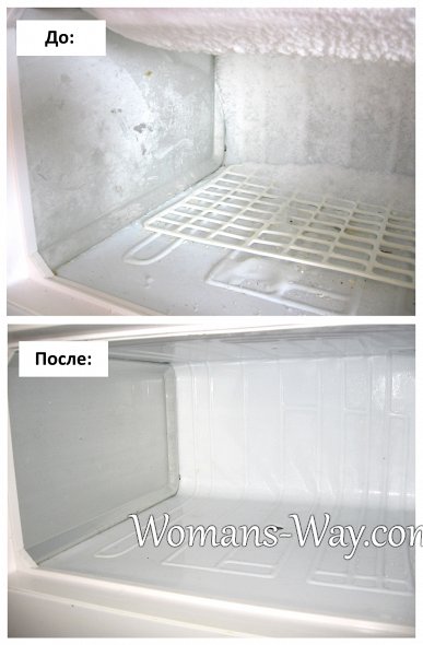 Пласты льда в морозилке до размораживания и чистые стенки после