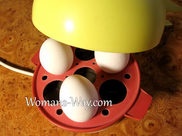 Три больших яйца вместившиеся в электрическую яйцеварку